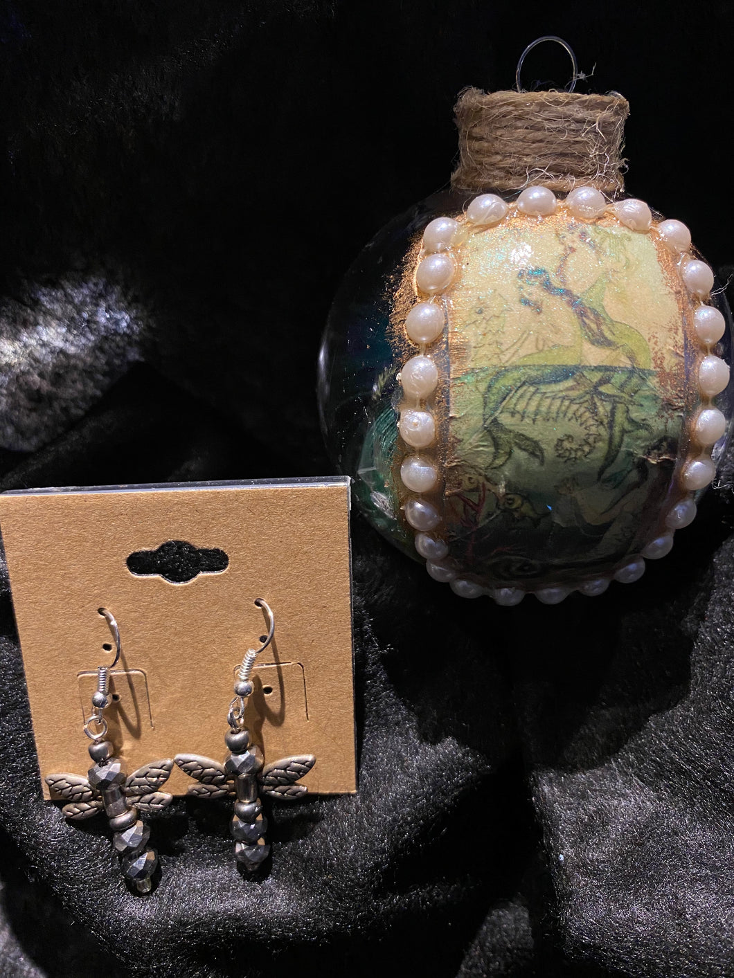 Mermaid Ornament & Dragonfly Earrings Set