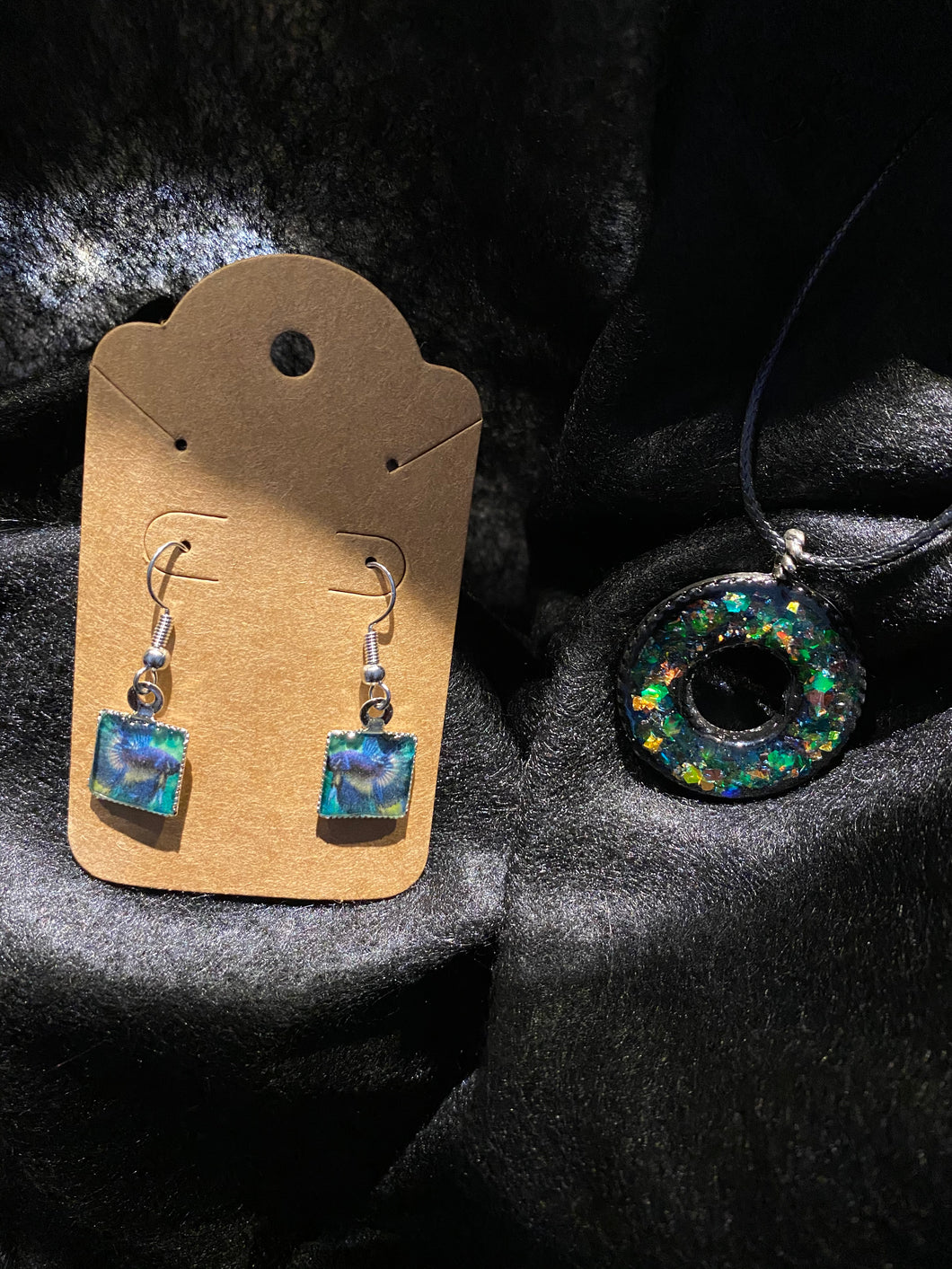 Beta Fish Earrings & Fire Opal Pendant Set